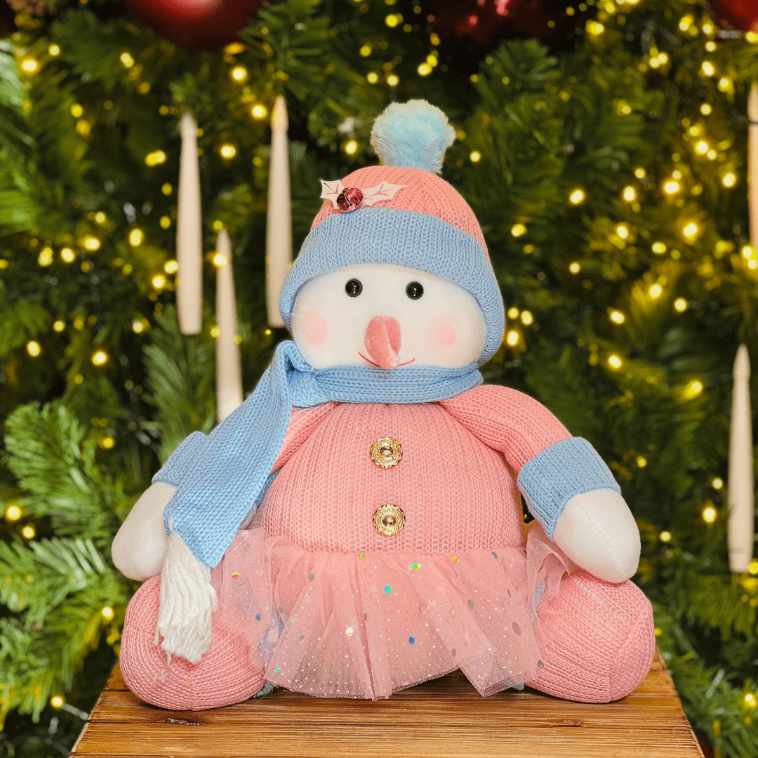 Boneco de Neve Natalino Sentado Rosa e Azul 36cm
