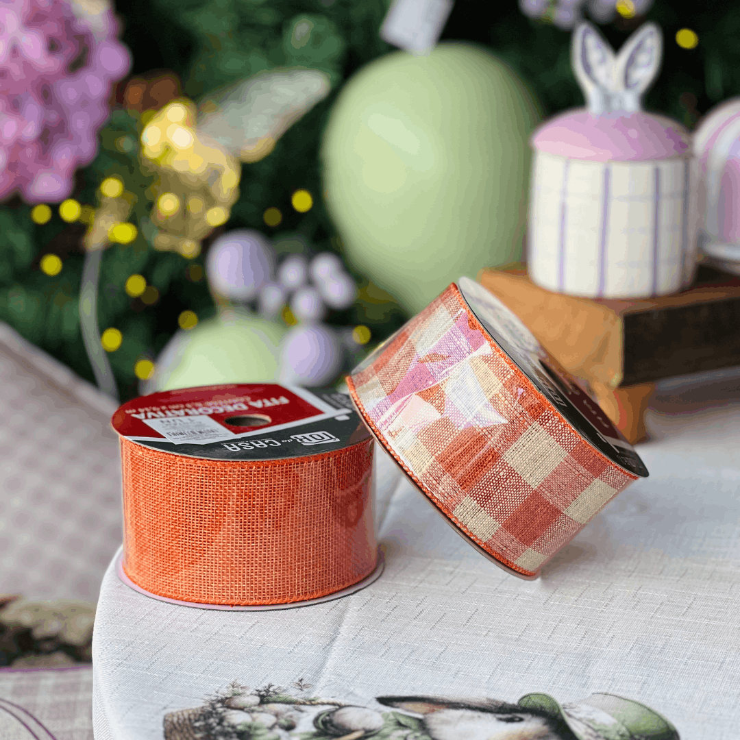 Fita Decorativa Aramada Xadrez Laranja e Bege 6,3cm x 9,14m