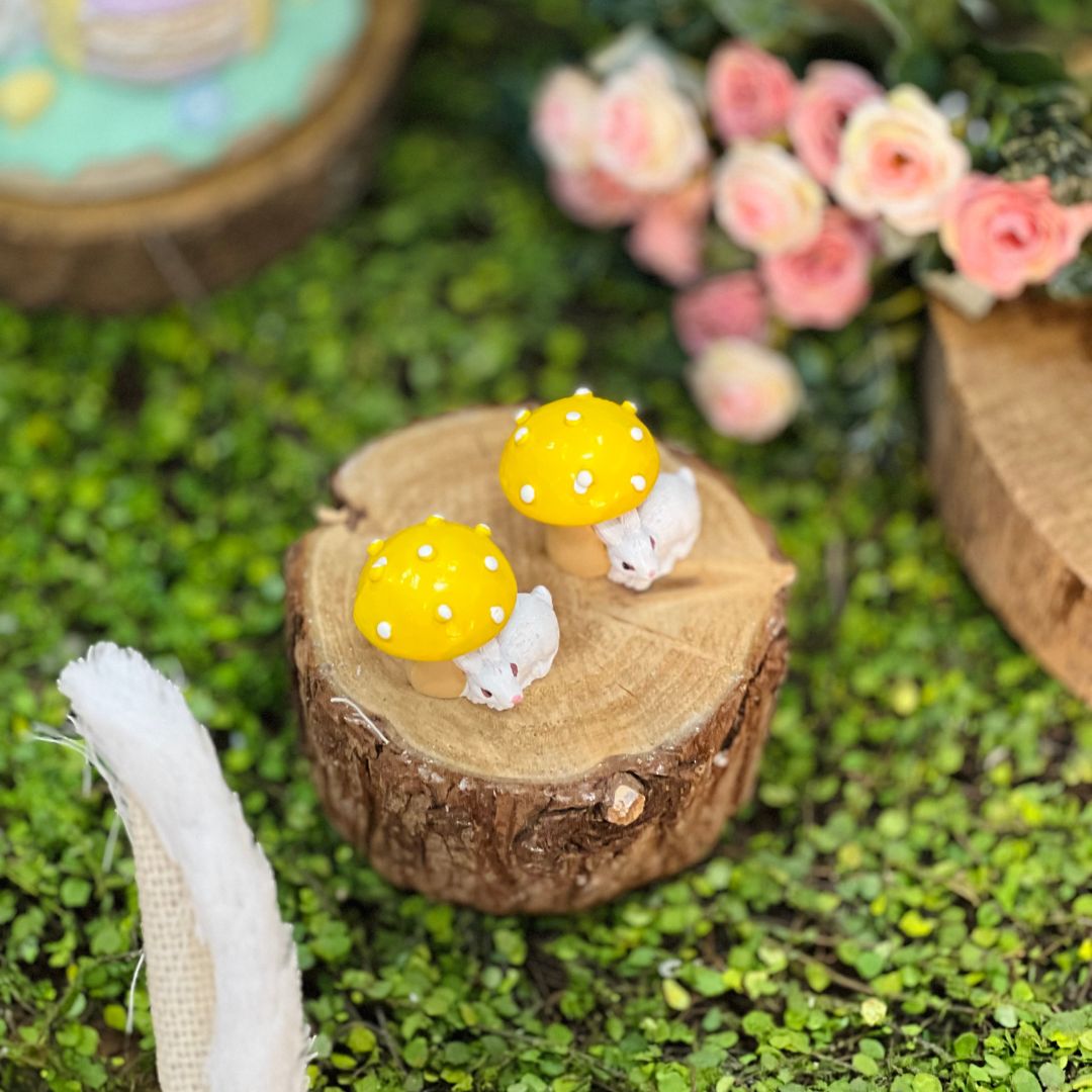 Jogo 2 Peças Cogumelo Decorativo Com Coelho - 4,3x3,5x4cm Amarelo