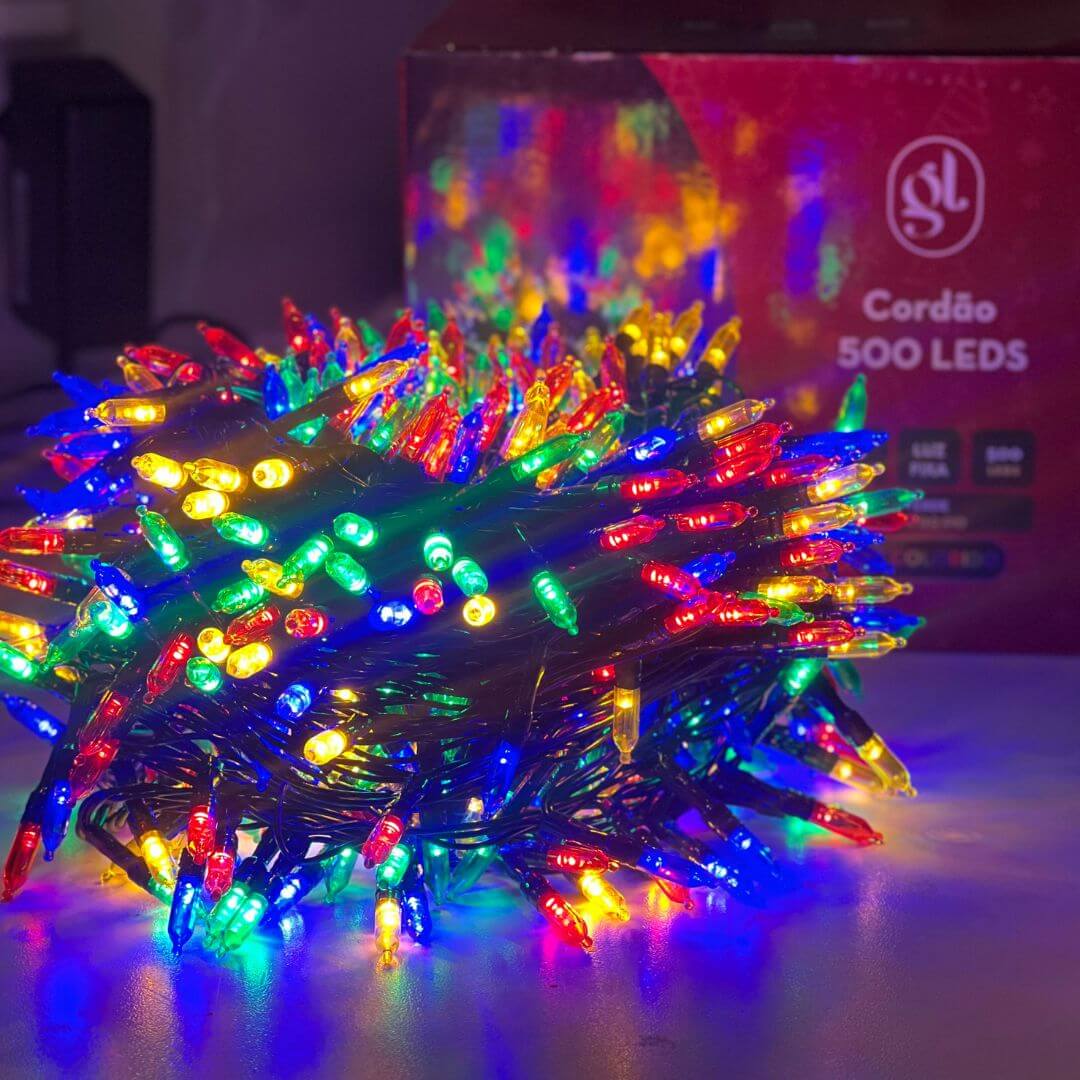 Cordão com 500 LEDs Bivolt Luz Fixa Cabo Verde Colorido – 20m