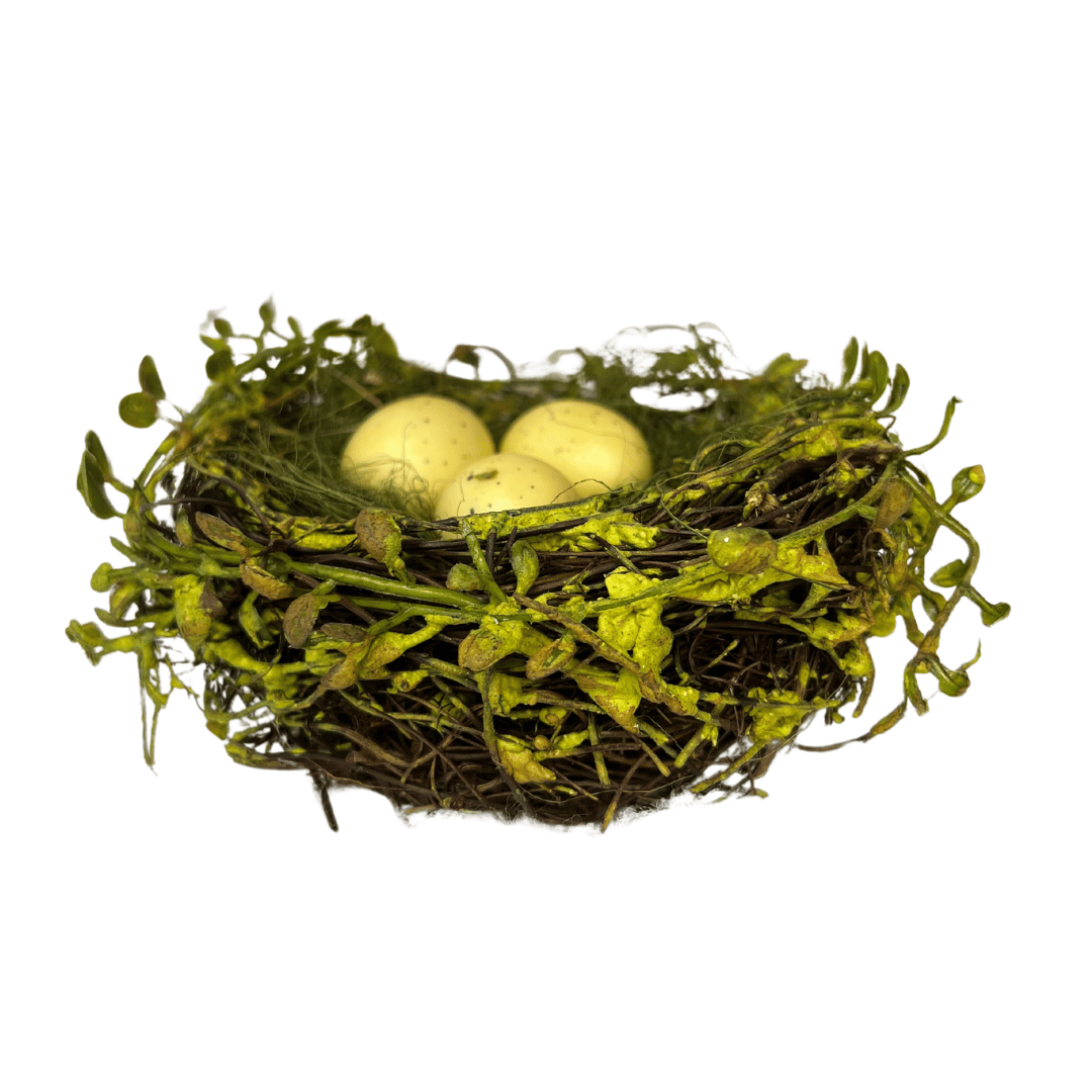 Ninho Decorativo Verde Com Ovos Amarelo 14cm