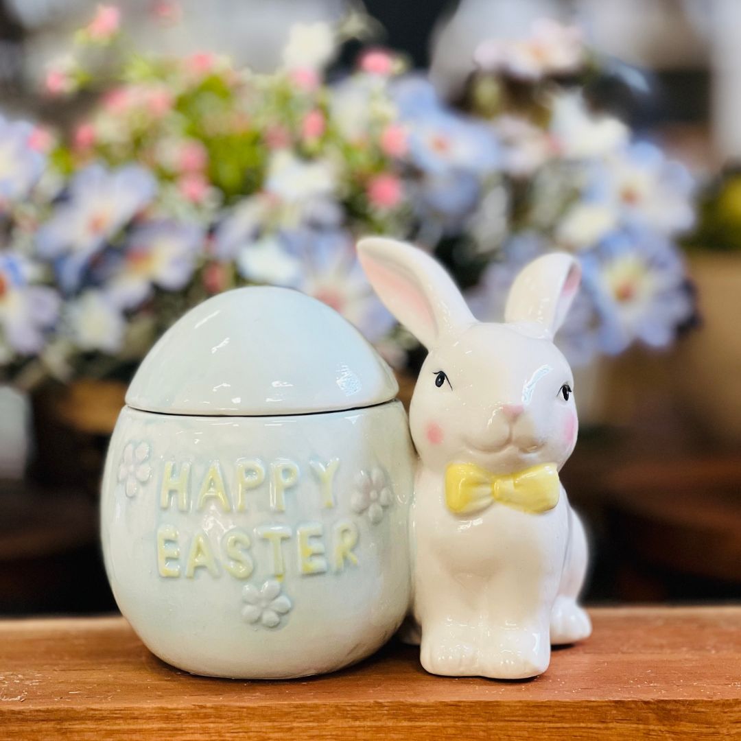 Pote Happy Easter Com Tampa - 16x11x13cm (Formato de Ovo e Coelho)