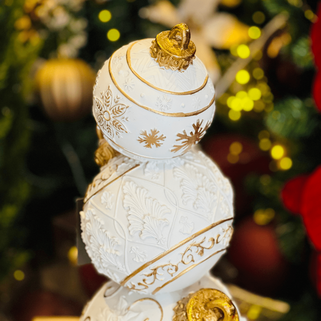 Torre de Bolas Branco e Dourado de Resina 40cm