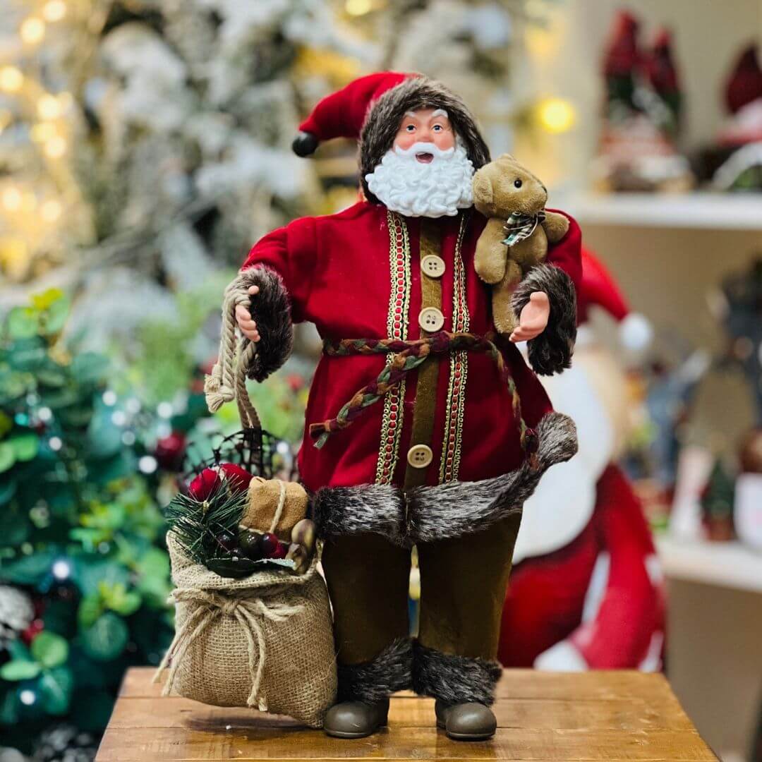 Papai Noel Com Saco de Presentes e Ursinho - 40cm