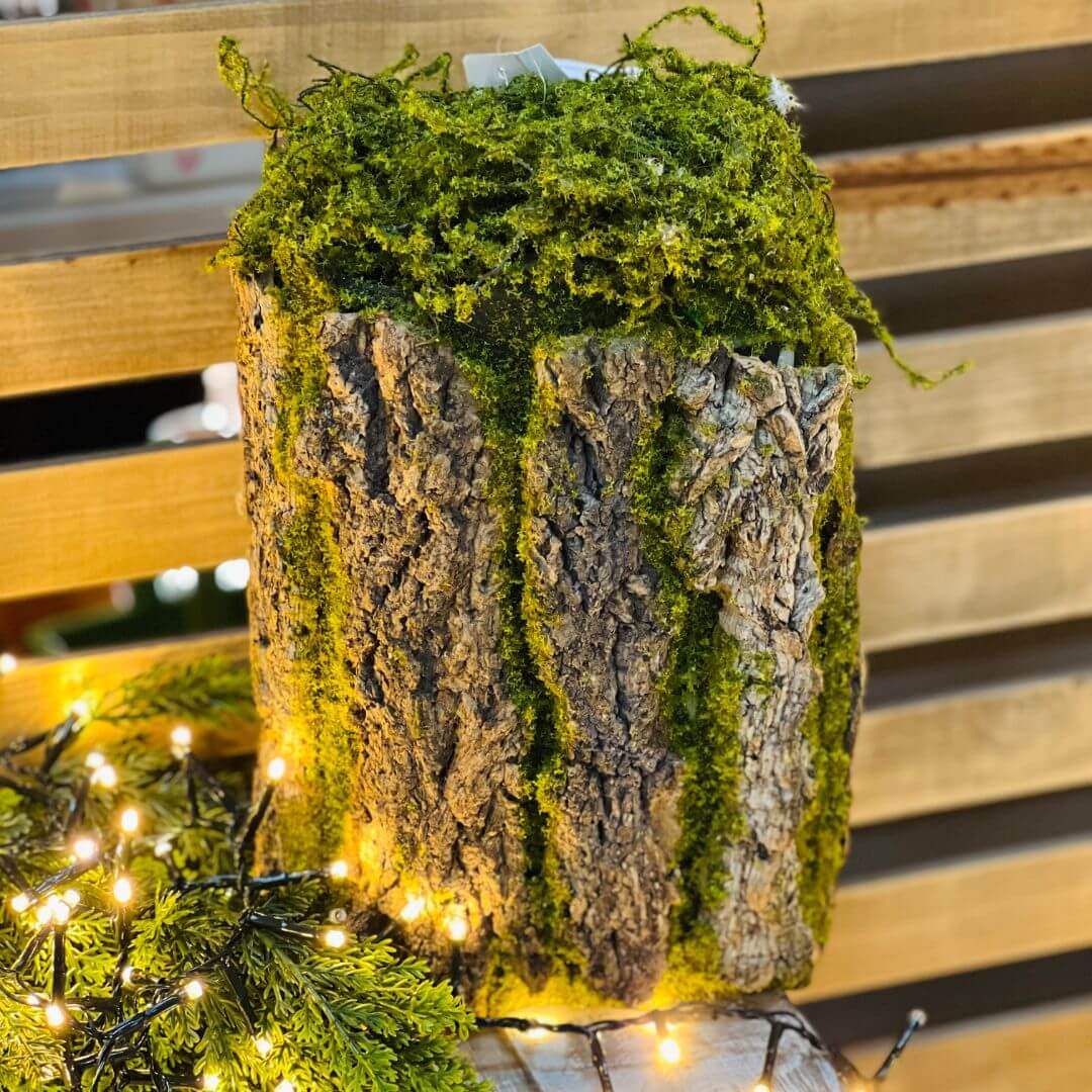 Tronco Decorativo Verde Musgo e Madeira – 35cm