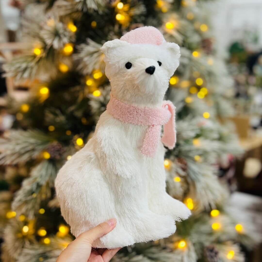 Urso de Natal Sentado de Sisal Rosa 38cm