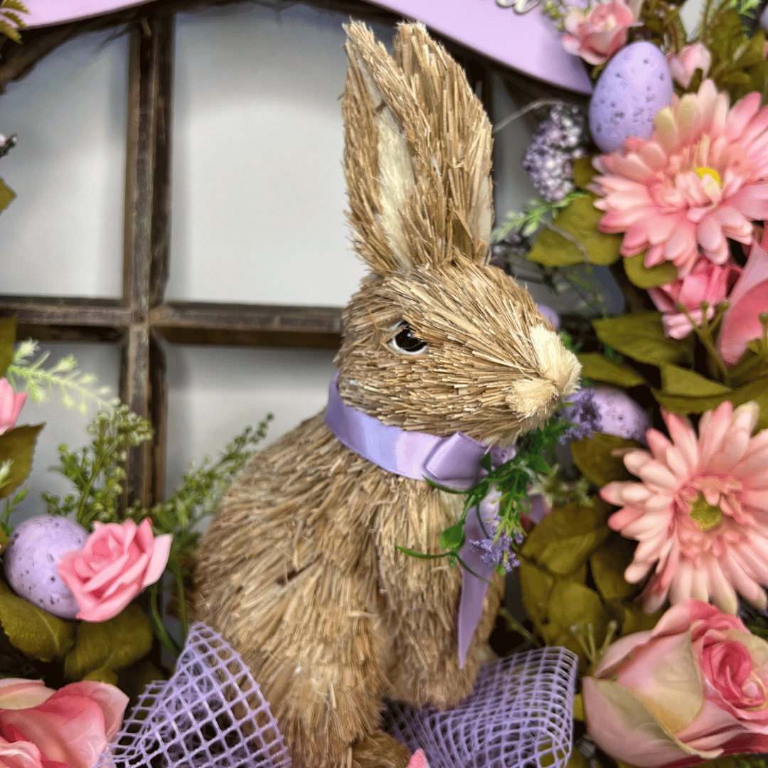 Guirlanda Feliz Páscoa Lilás com Coelho de Palha 55cm