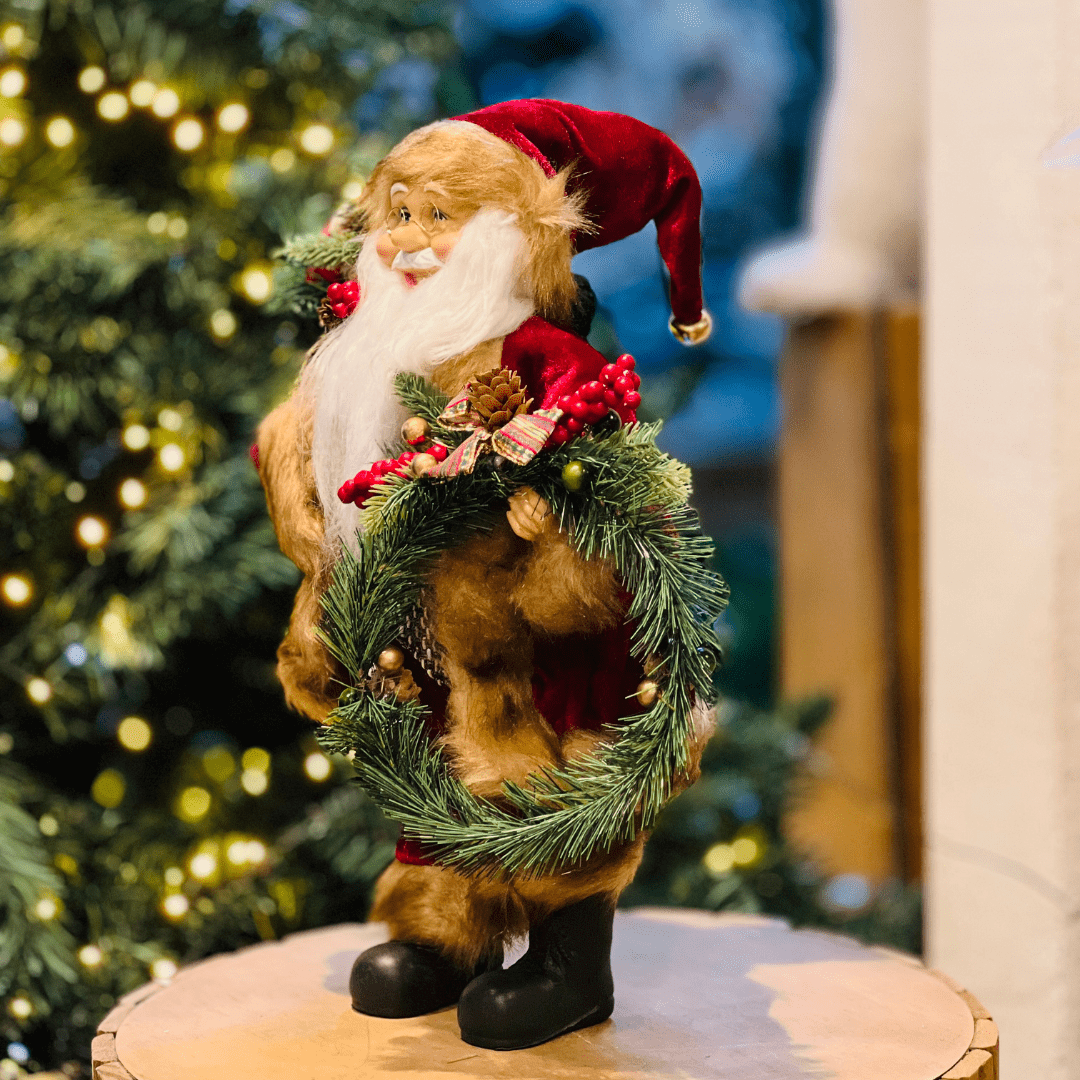 Papai Noel Com Casaco de Veludo e Guirlanda 40cm
