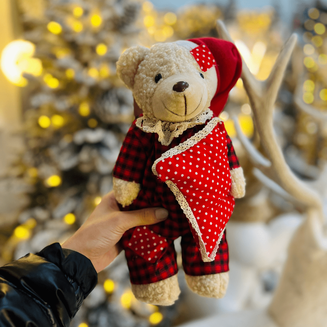 Urso Natalino de Pijama Xadrez Vermelho 30cm