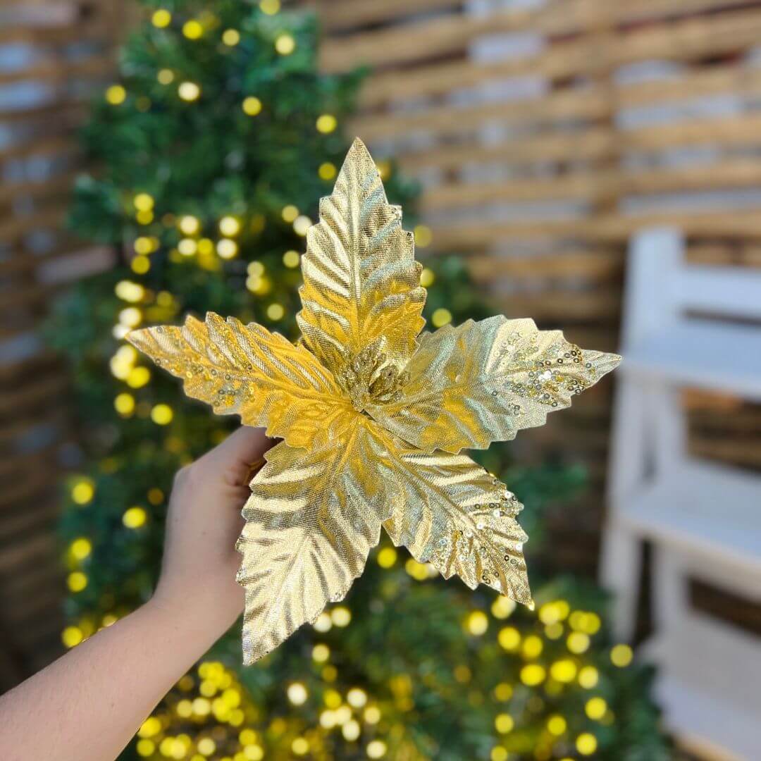 Flor Decorativa Poinsettia com Paetê e Glitter Dourado – 27cm