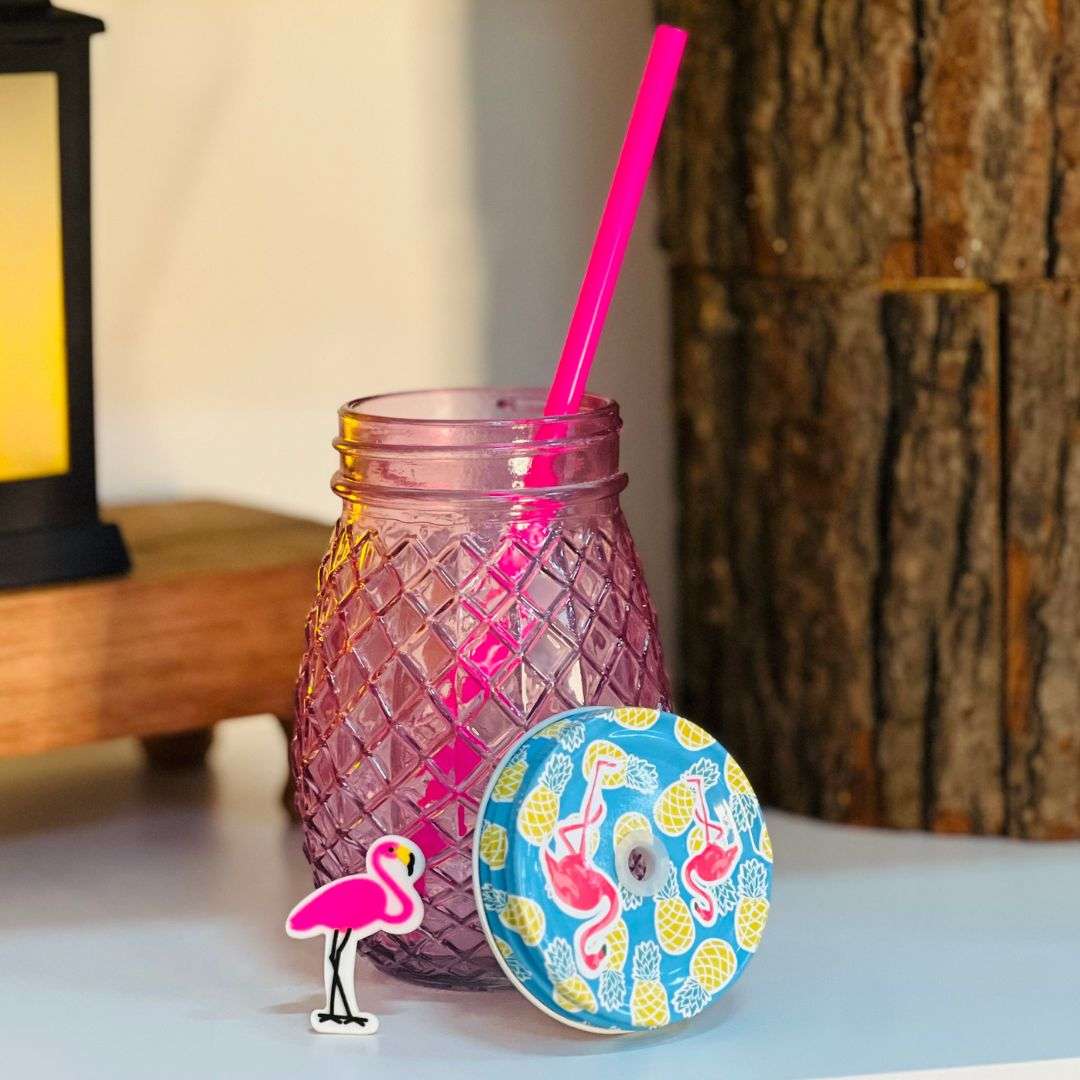 Copo de Vidro Com Canudo Flamingo - 540ml