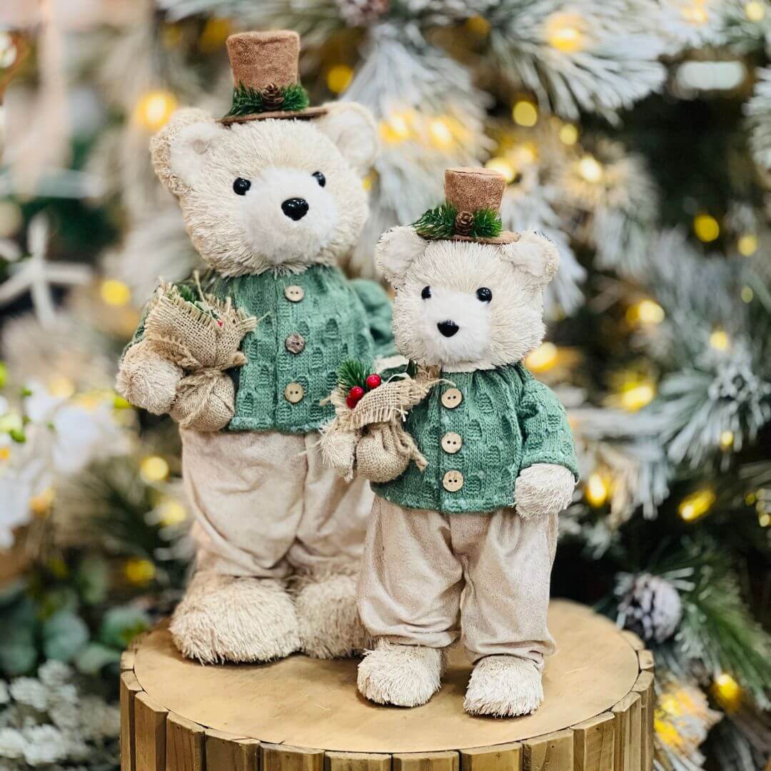 Urso de Natal Em Pe de Sisal Verde e Bege 38x16cm
