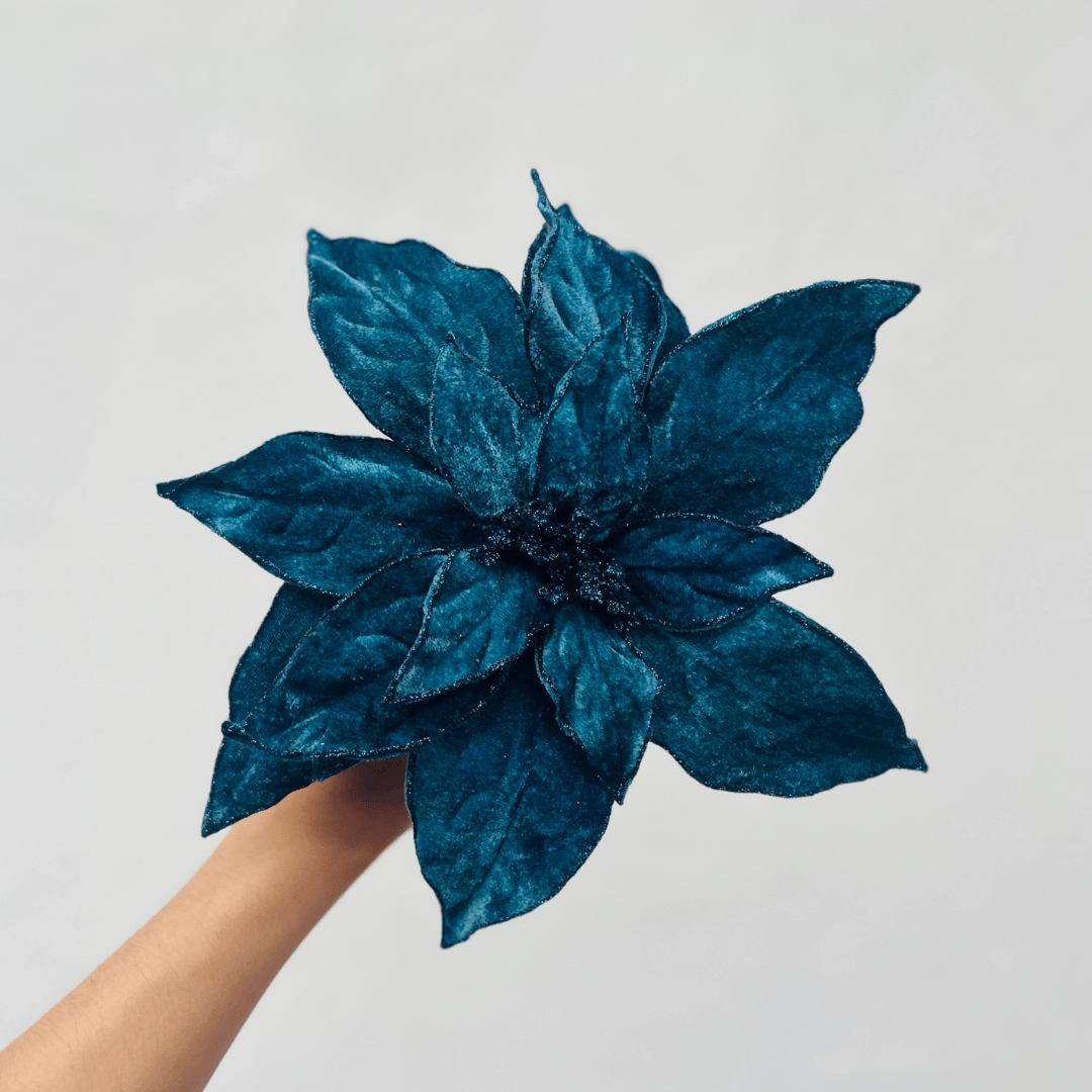 Flor Natalina Poinsetia de Veludo Azul Escuro 60x28cm