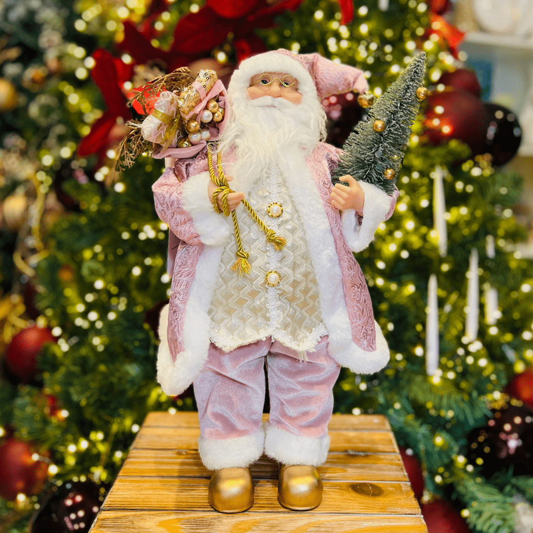 Papai Noel Em Pé Com Presentes Rosa 50cm