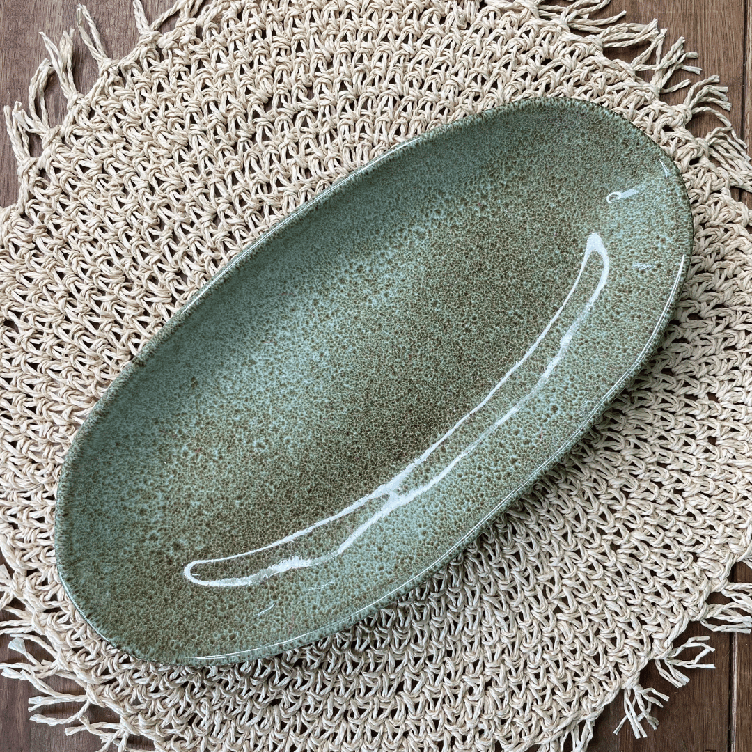 Trav Oval Funda G Organico Croco Verde de Cerâmica 32x16cm