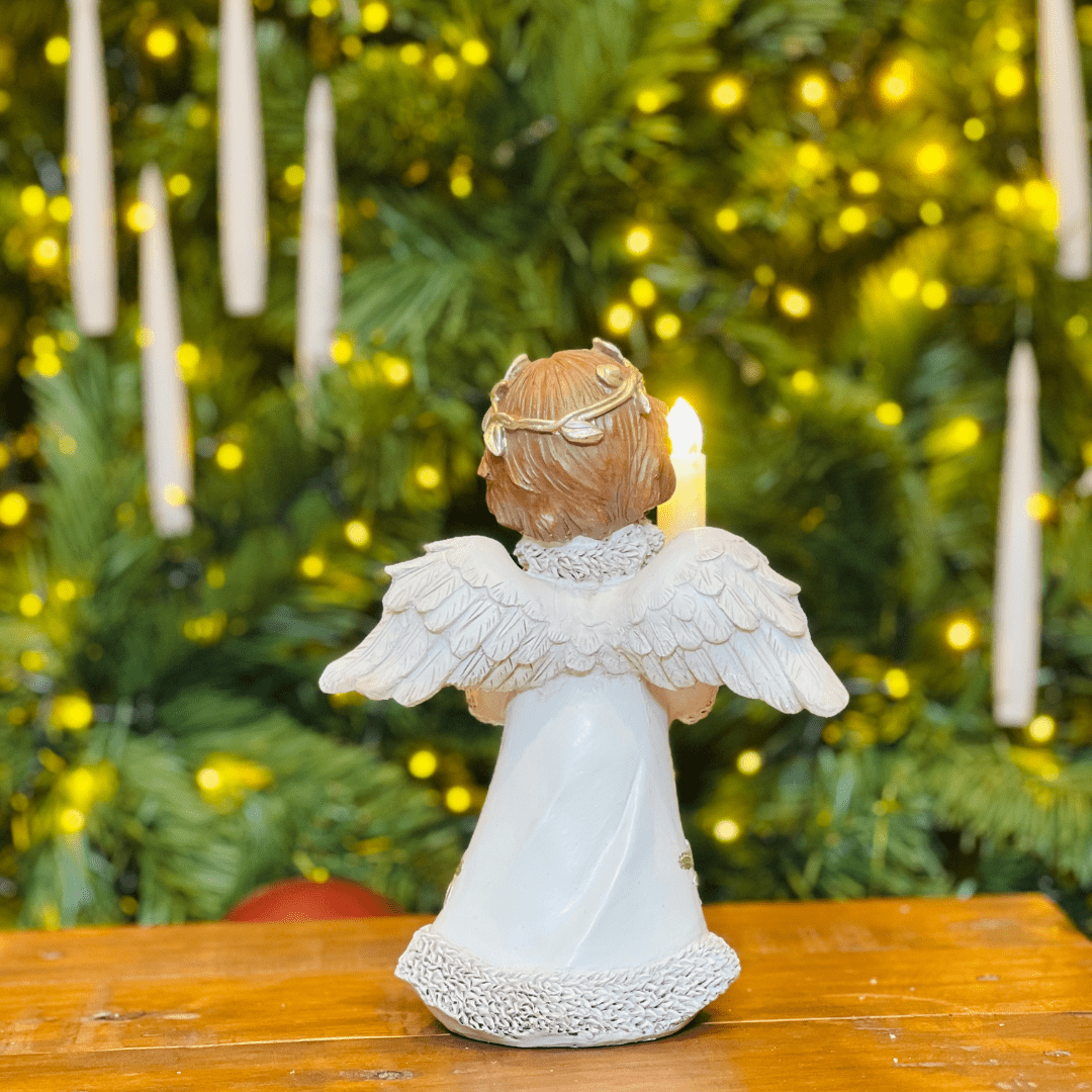 Anjo Natalino Branco de Resina Com Led 20,5x16,5x10cm