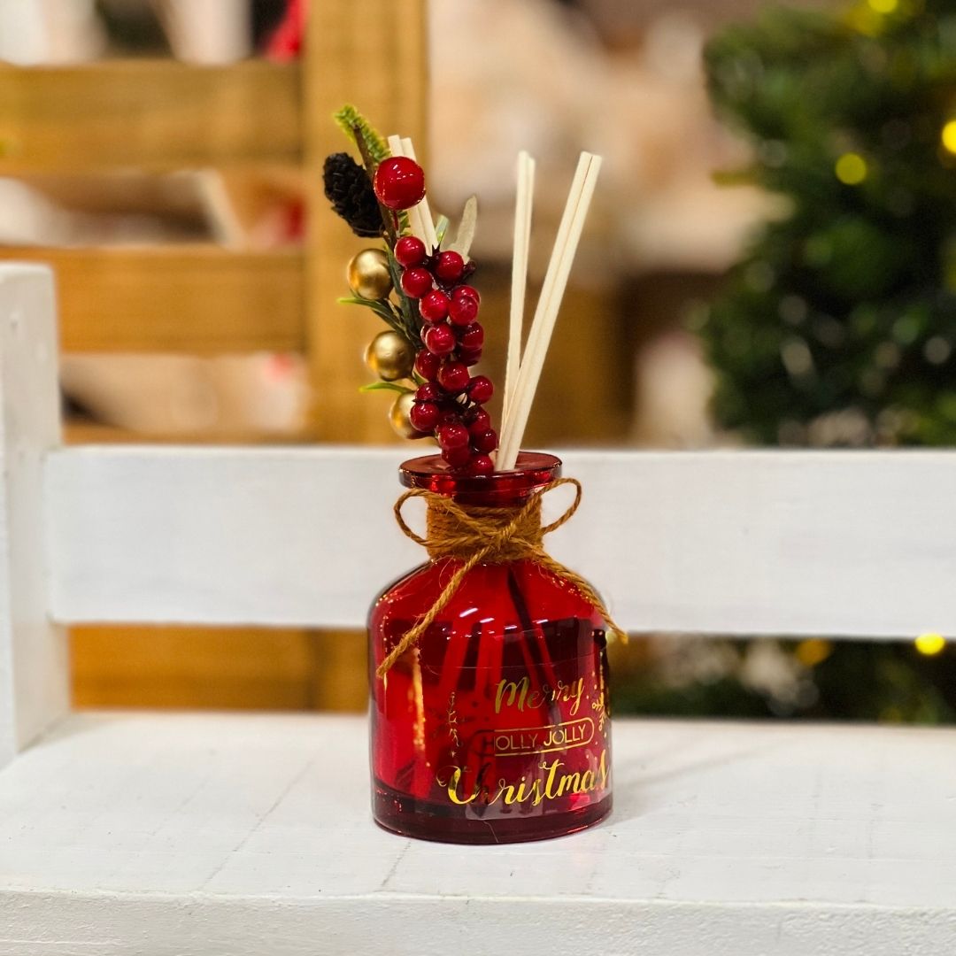 Difusor de Vidro Vermelho com Varetas e Galho Berry -10x7,2x25cm