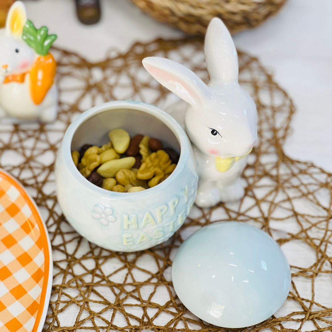 Pote Happy Easter Com Tampa - 16x11x13cm (Formato de Ovo e Coelho)