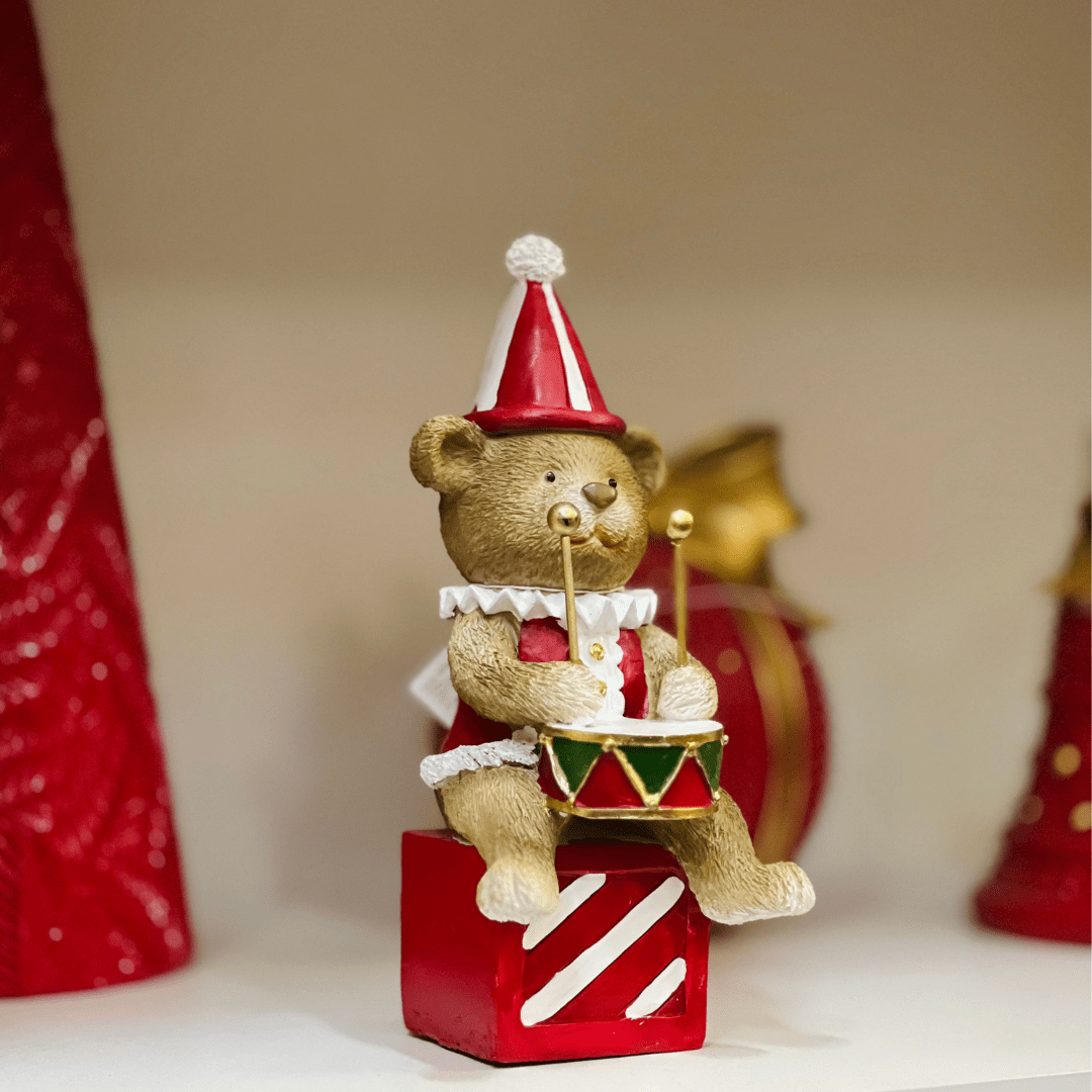 Urso Natalino de Resina Tamboreiro 20x9cm