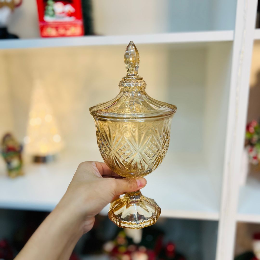 Potiche Decorativo Com Pé de Cristal Chumbo Dublin Âmbar Metalizado - 11,5x24,5cm