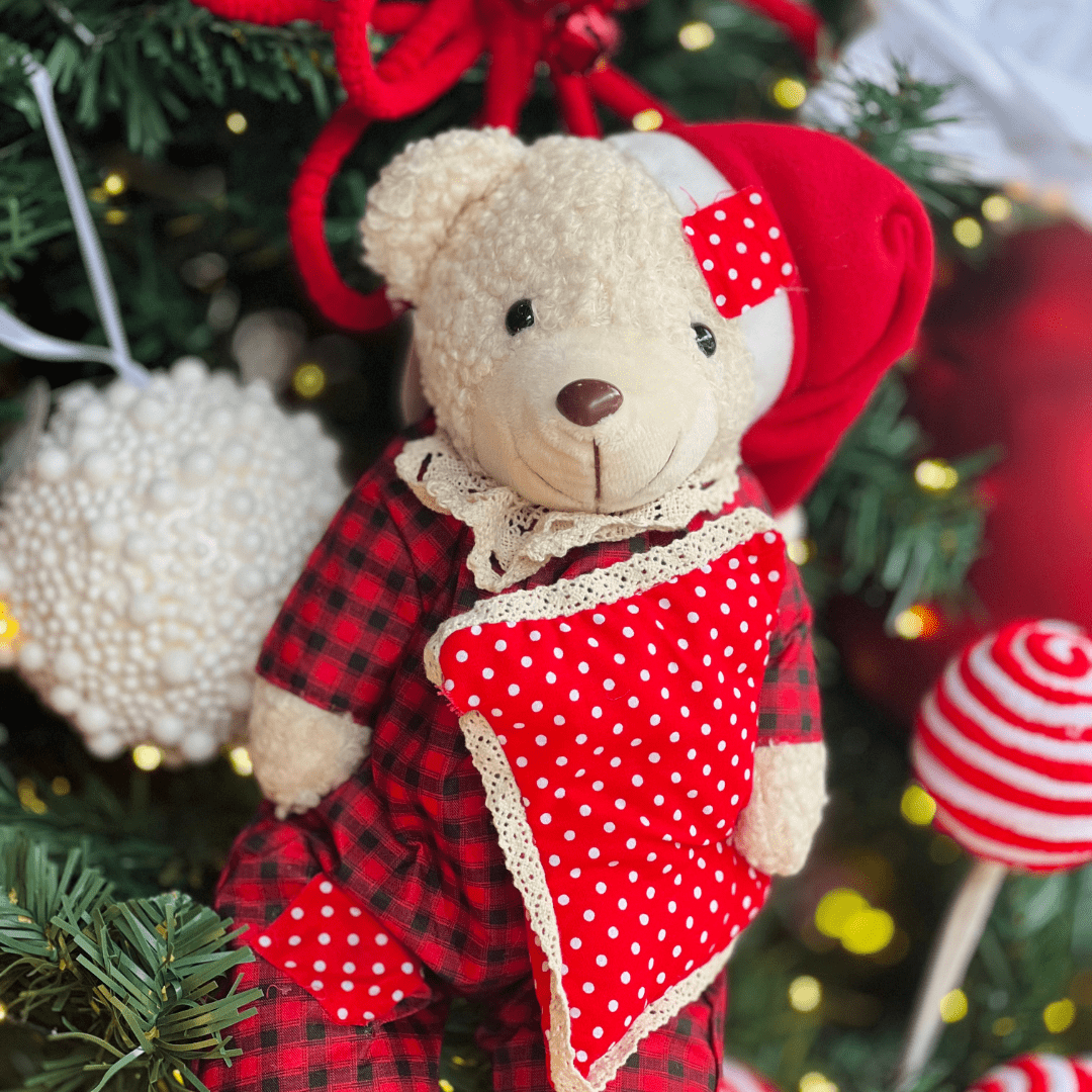 Urso Natalino de Pijama Xadrez Vermelho 30cm
