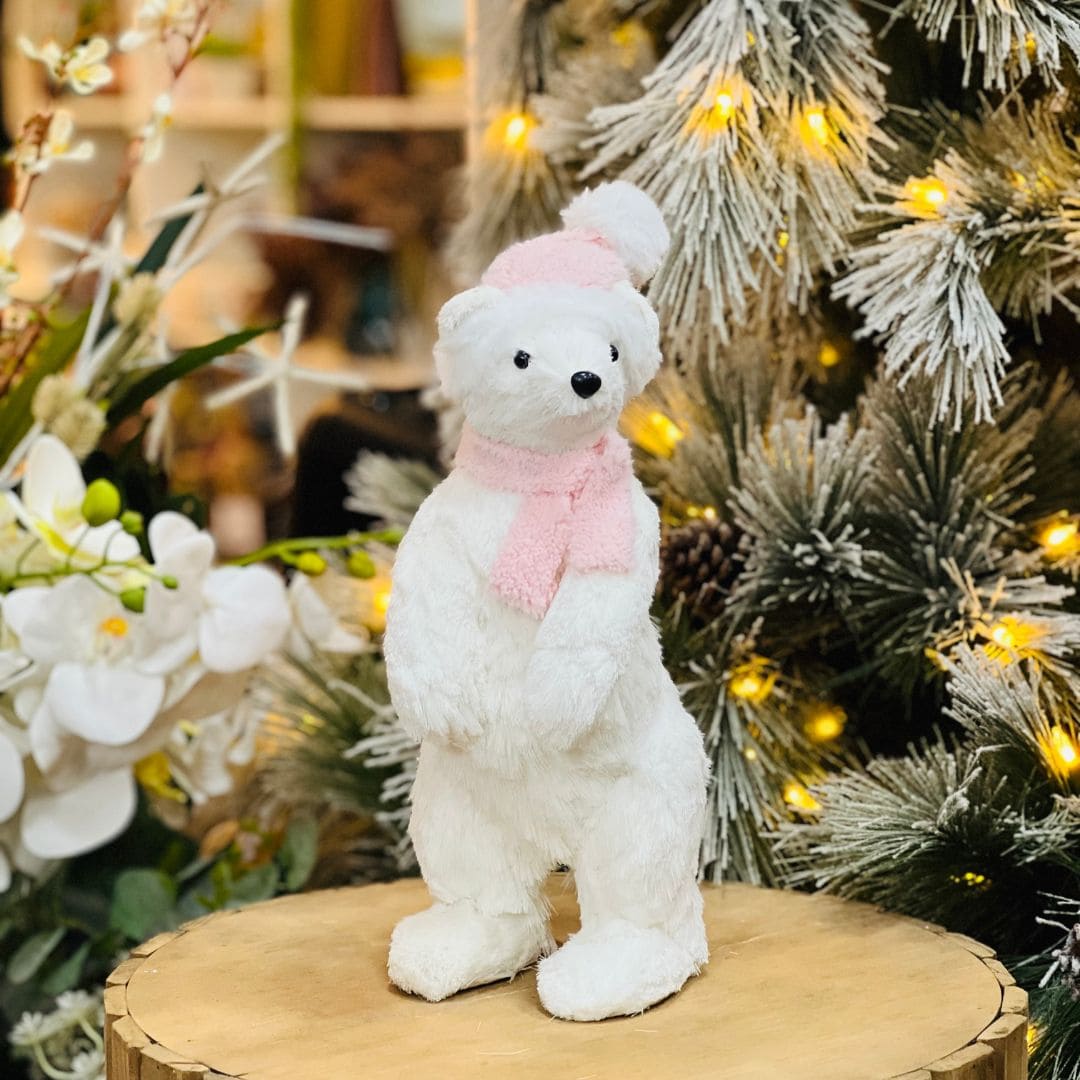 Urso de Natal Branco e Rosa Em Pé de Sisal 36cm