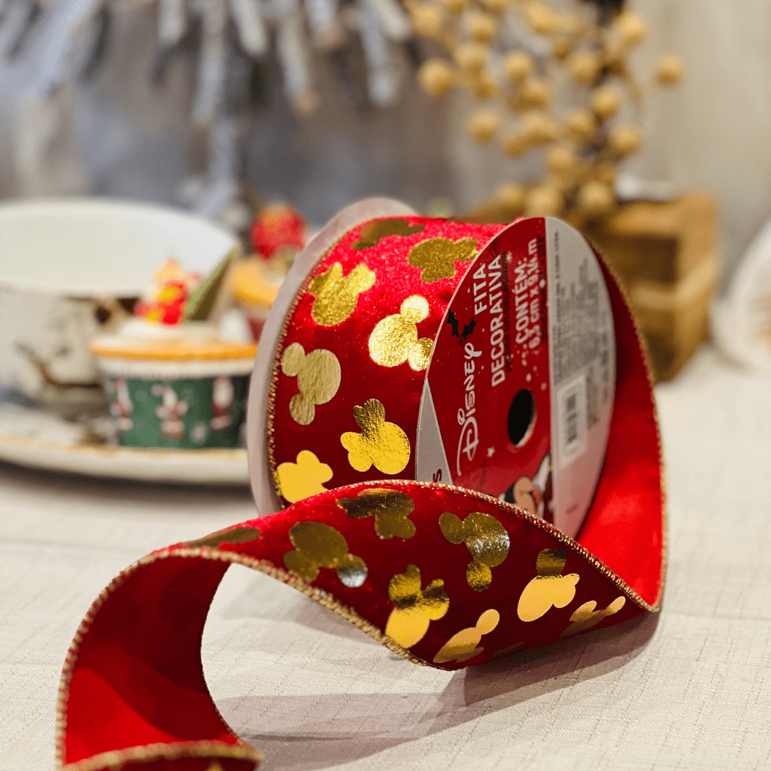 Fita Natalina Mickey Aramada Vermelho e Dourado 6,3x9,14m
