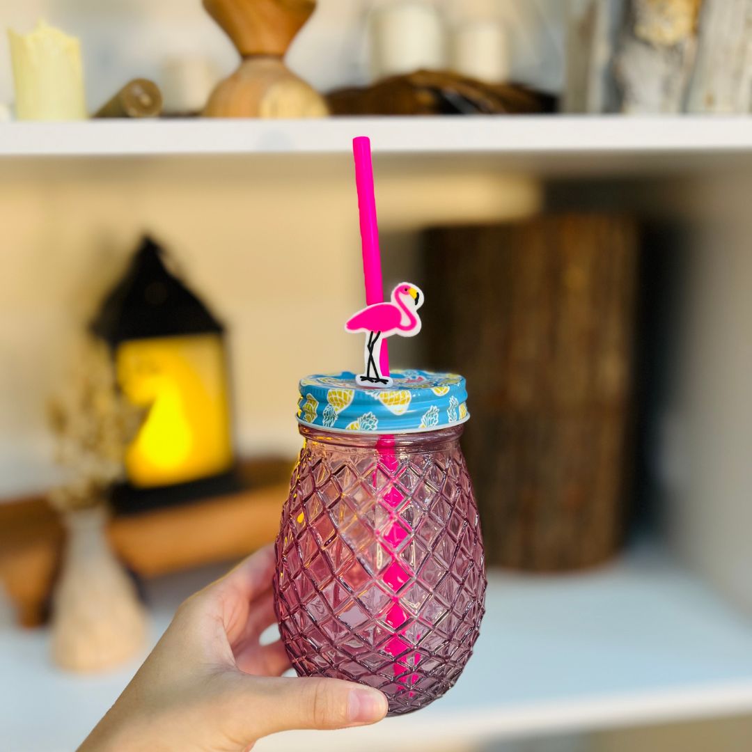 Copo de Vidro Com Canudo Flamingo - 540ml