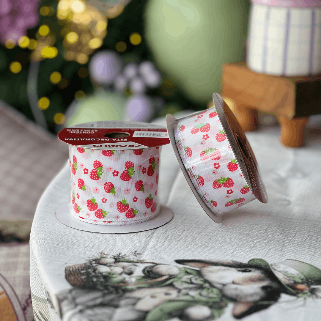 Fita Decorativa Aramada Morangos Branco e Vermelho 3,8cm x 9,14m