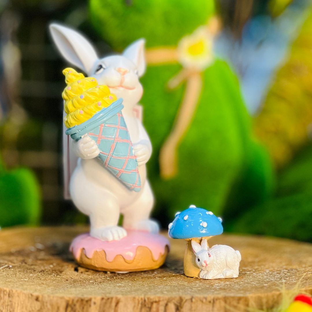 Jogo 2 Peças Cogumelo Decorativo Com Coelho - 4,3x3,5x4cm Azul