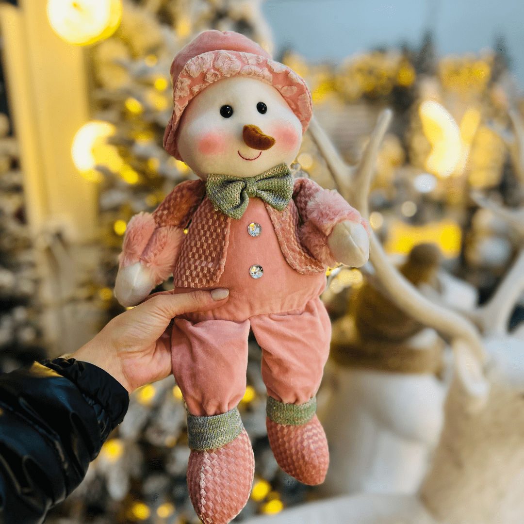 Boneco de Neve Natalino Rosa e Verde de Pelúcia 38cm