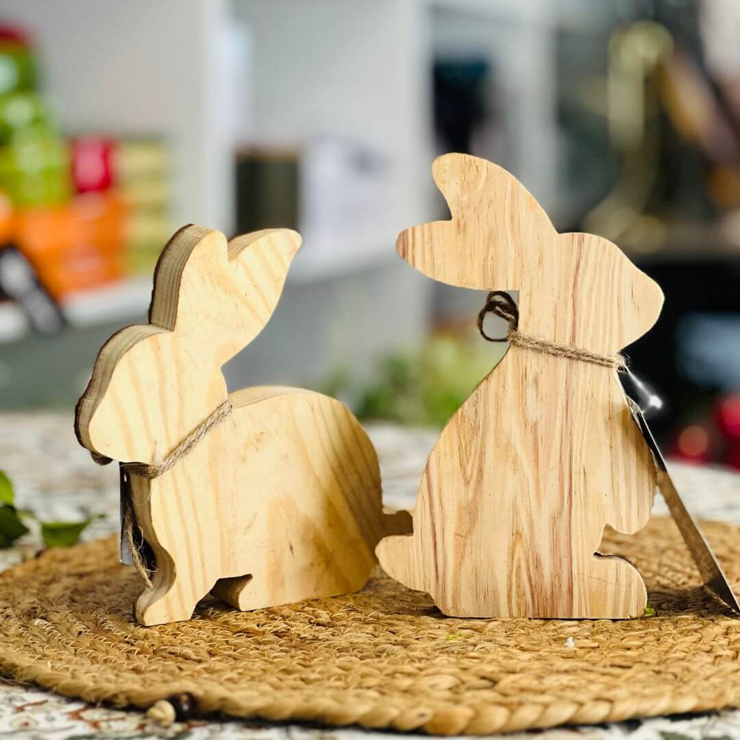 Coelho Decorativo em Madeira – 12cm – Jogo com 2 Peças