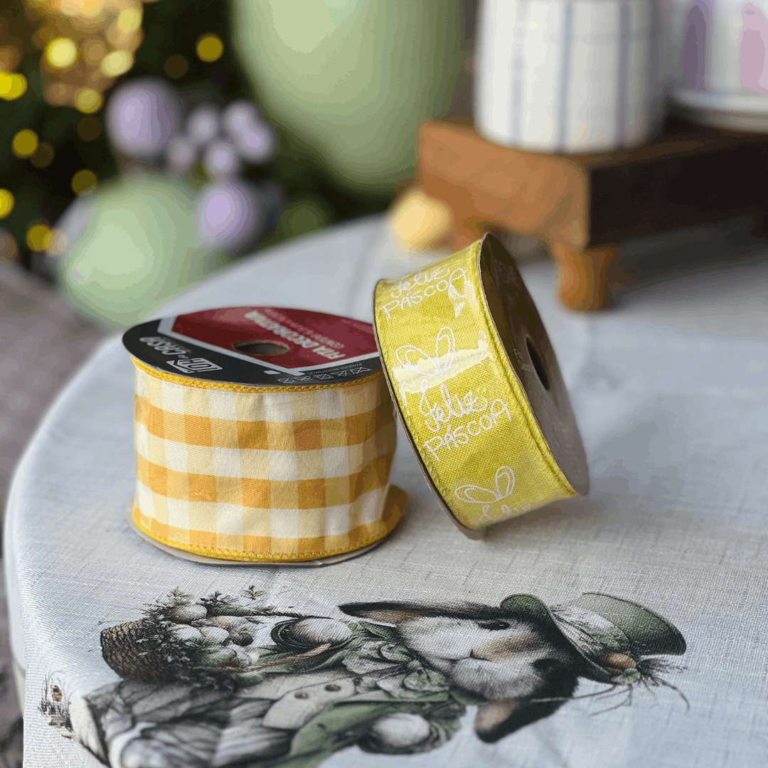 Fita Decorativa Aramada Feliz Páscoa Amarela 3,8cm x 9,14m