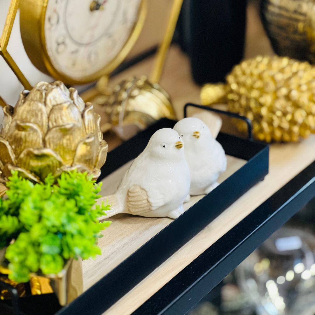 Enfeite Decorativo Passarinhos Branco Porcelana - 17cm