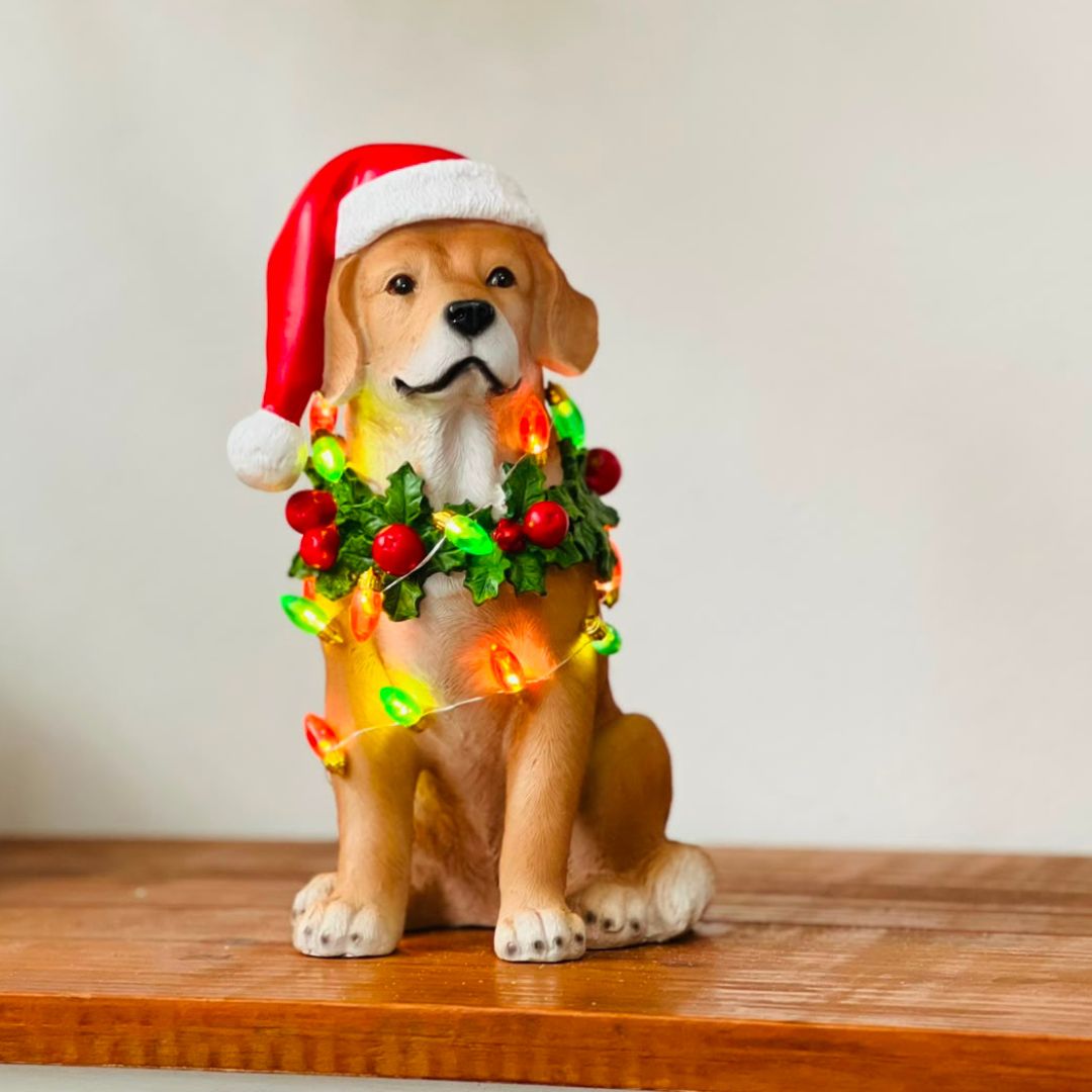 Cachorro Natalino com LED em Resina - 24,5 cm
