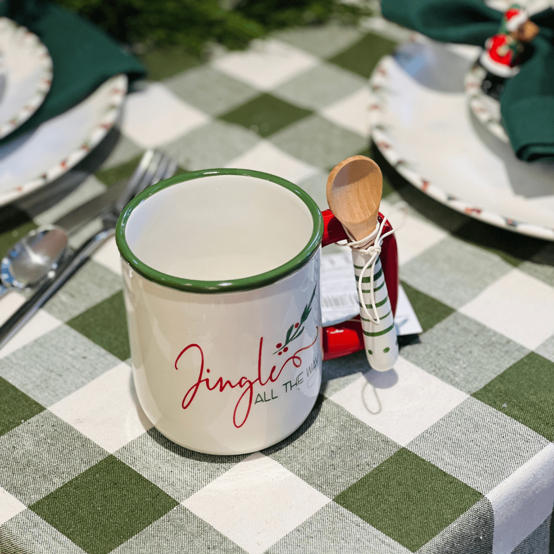 Caneca Natalina de Cerâmica Com Colher Jingle All The Way 500ml 15cm
