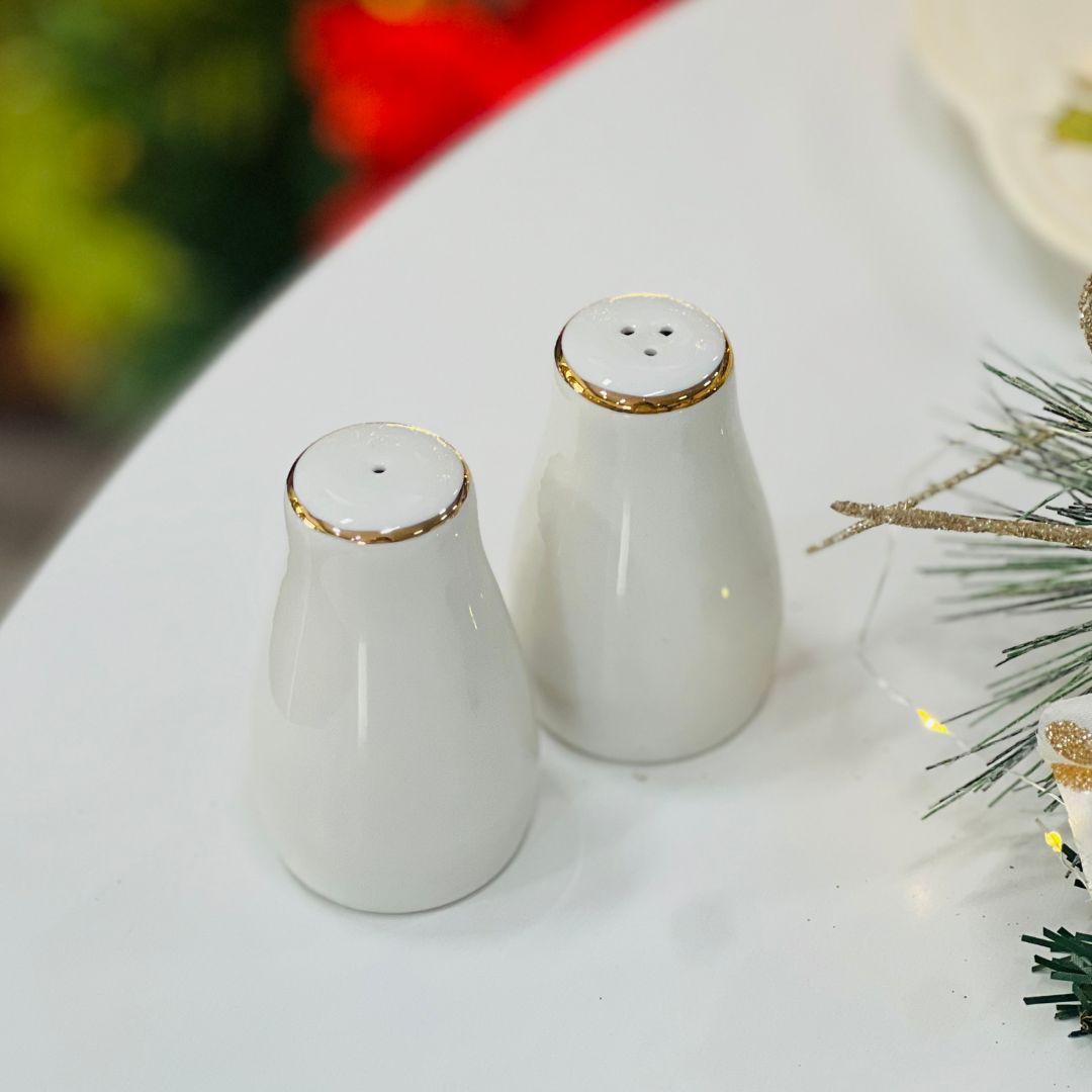 Saleiro e Pimenteiro Branco Com Borda Dourada - 8,5cm