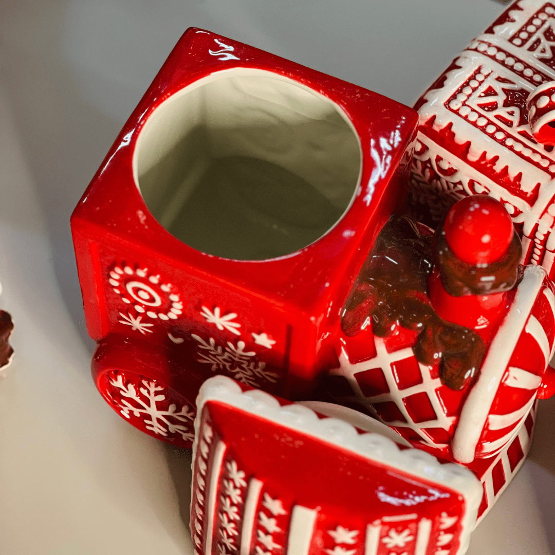 Pote Natalino Trem Vermelho e Branco de Cerâmica 22x15cm