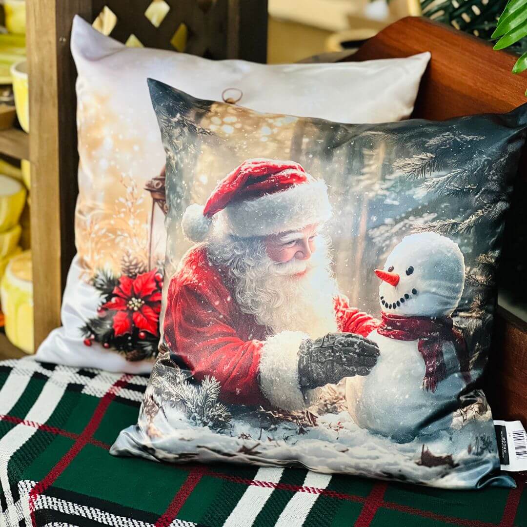 Capa Natalina Noel e Boneco de Neve 43x43cm