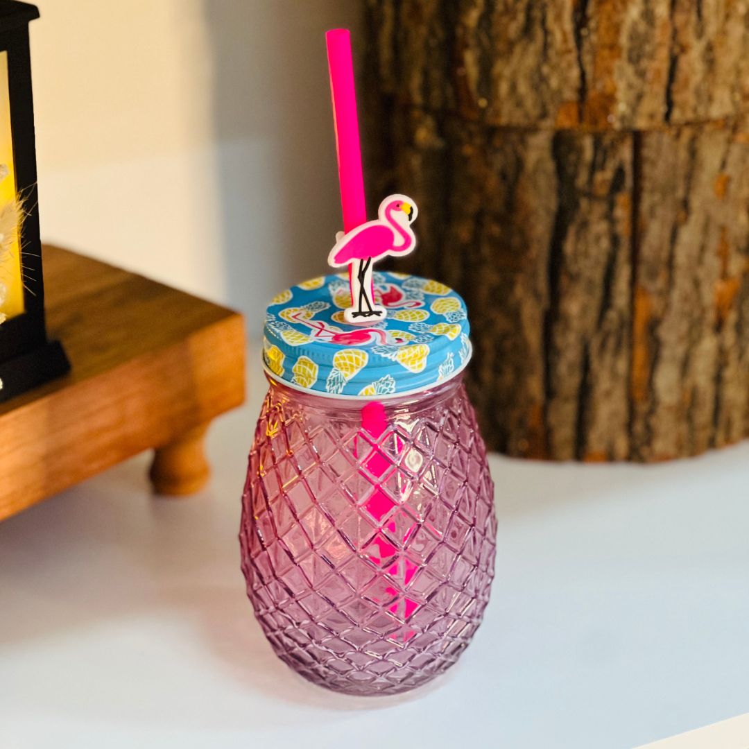 Copo de Vidro Com Canudo Flamingo - 540ml