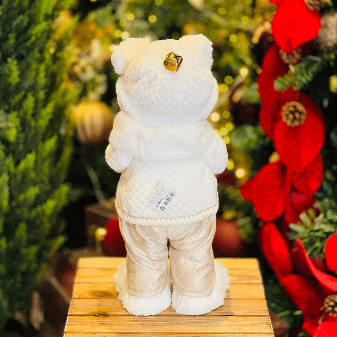 Urso Natalino Em Pé Branco e Dourado de Sisal 47x23cm