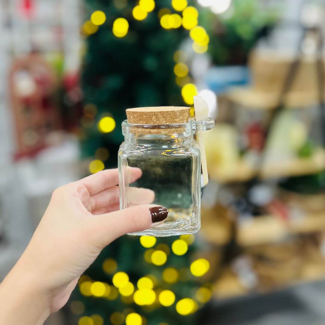 Porta Tempero Quadrado de Vidro Com Colher de Bambu e Tampa Rolha - 310ml