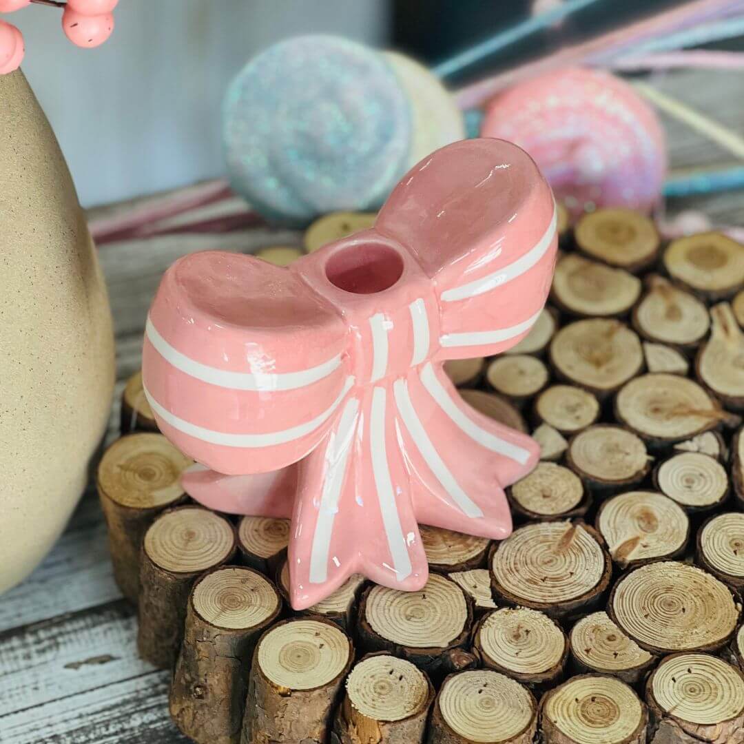 Castiçal Decorativo Laço Rosa - 13cm