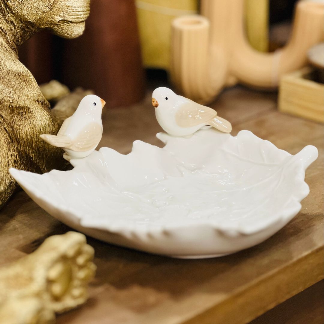 Decoração de Folha Com Pássaro - 22cm Branco