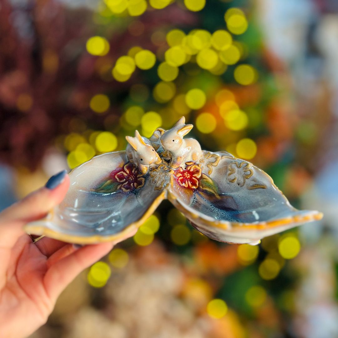 Petisqueira Folha Dupla Coelho Porcelana (JY2238)