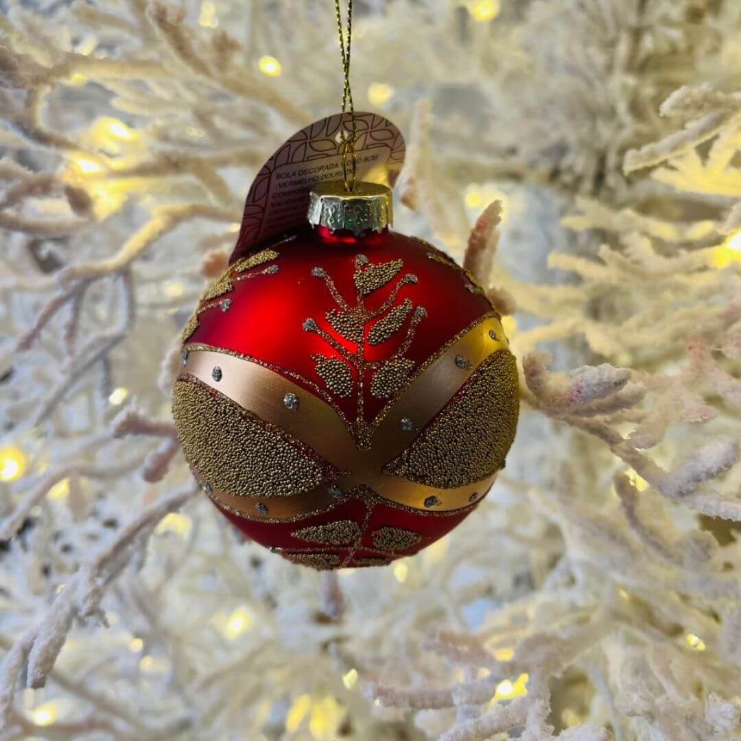 Bola Decorada de Vidro – 8 cm – Vermelho e Dourado