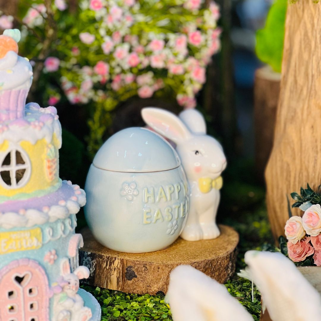 Pote Happy Easter Com Tampa - 16x11x13cm (Formato de Ovo e Coelho)