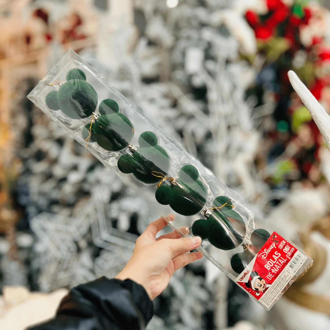 Jogo 6 Bolas Natalinas Mickey Verde Veludo 6cm