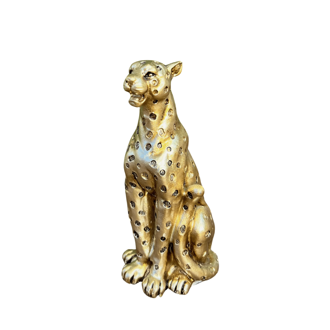 Escultura Leopardo Sentado Dourado de Poliresina 11x5cm