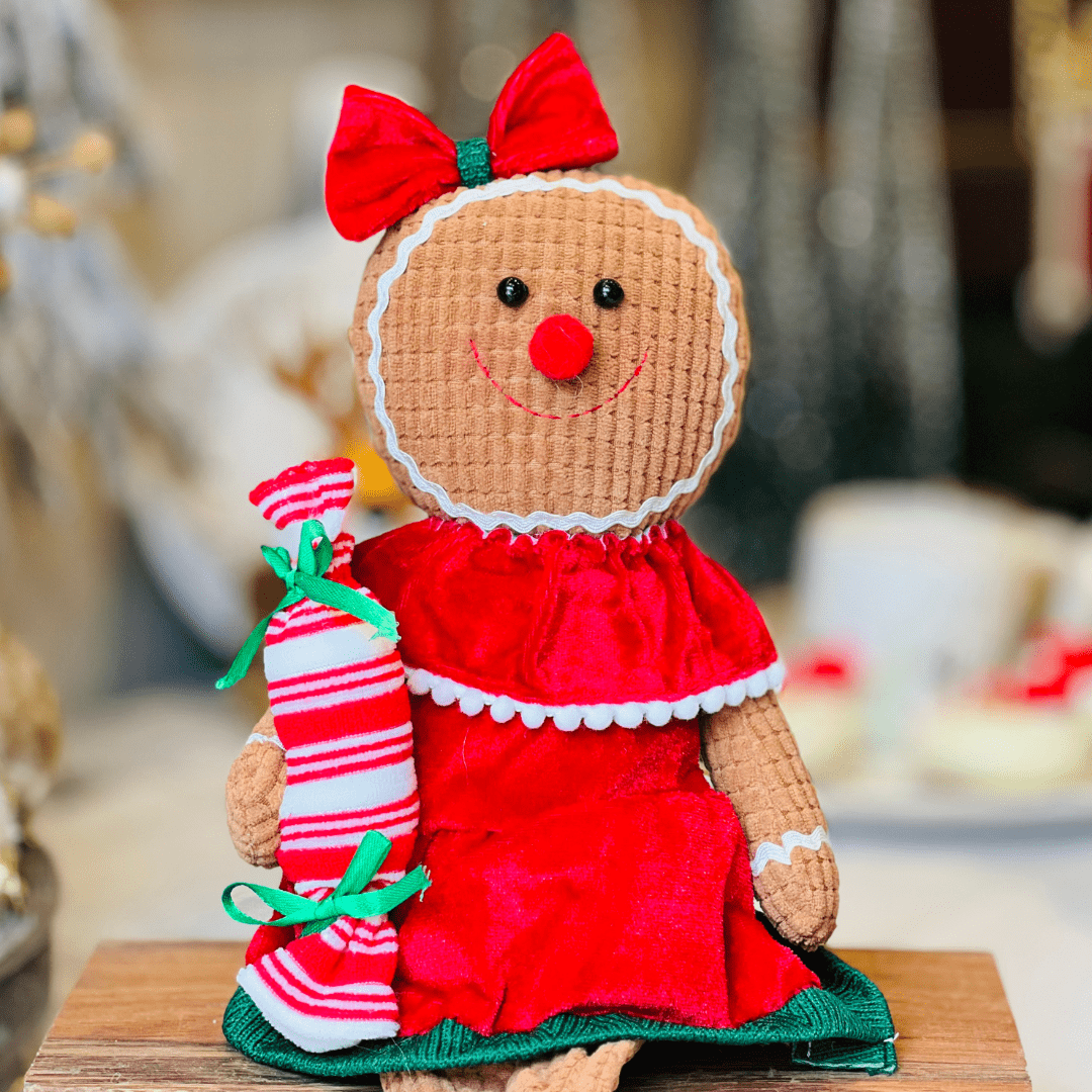 Gingerbread Natalina Menina Com Laço Sentada de Pelúcia 42cm